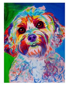 a painting of a colorful dog on a green background