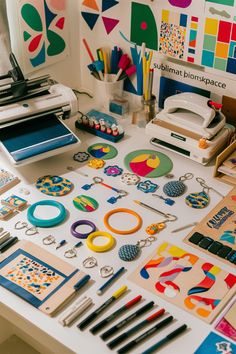 the table is covered with various crafting supplies and crafts like pens, scissors, markers, etc