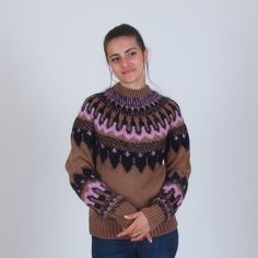 "Warm and soft winter sweater inspired by the movie Don't Look Up. Completely hand knit in a beautiful Icelandic pattern. Composition - 50% wool, 5% mohair wool, 45% acryl. ♡ Sizing ♡ You can find a size chart in the listing images. Alternatively, you can choose the \"Custom\" size if you want me to knit the item according to your measurements. The model in the images wears size M and has the following measurements: * height - 177 cm / 5 feet 10 inches * bust - 92 cm / 36 inches * hips - 96 cm / Nordic Brown Jacquard Knit Sweater, Brown Nordic Jacquard Knit Sweater, Brown Nordic Sweater For Fall, Brown Fair Isle Pattern Winter Sweater, Brown Fair Isle Winter Sweater, Nordic Brown Knit Sweater, Nordic Turtleneck Sweater With Fair Isle Pattern, Brown Nordic Knit Sweater, Nordic Style Brown Knit Sweater