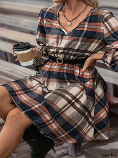 Katykey - Womens Plus Size Plaid Print Long Sleeve V-Neck Casual Dress with Slight Stretch Casual Plaid V-neck Midi Dress, Plus Size Plaid, Plaid Print, Casual Dress, Casual Dresses, Collar Styles, Weaving, Plaid, Plus Size