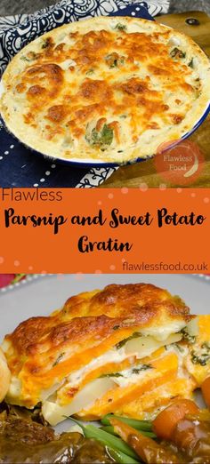 two pictures of food with the words farm and sweet potato gratin on them,