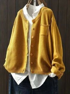 Crew Neck H-Line Long Sleeve Sweater Mode Kimono, Winter Chic, Mode Chic, Crisp White Shirt, Ținută Casual, Yellow Sweater, Loose Sweater, Moda Casual, Half Sleeves