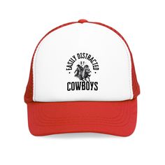 Proven Fact: Cowboys = Distraction 🤠 Attention all cowgirls! If your focus shifts faster than a cowboy in a rodeo when you spot a hat-wearing hunk, then this is the hat for you.  Our "Easily Distracted by Cowboys" trucker hat is a hilarious way to admit what we all know--cowboys are the ultimate weakness! This head-turner features a charming cowboy-on-horse design, perfect for showing off your wild west spirit.  Available in red, pink, and black, it's your go-to accessory for rodeos, country concerts, or just daydreaming about the next cowboy you'll meet. The adjustable snapback ensures it fits just right, while the breathable mesh back keeps you cool as you chase those cowboy dreams. Don't miss your chance to distract a few cowboys yourself--grab this hat and follow MarketMavenGifts for Country Festival, Cow Boys, Hat Western, Cute Country, Rodeo Cowboy, Country Concerts, Cute N Country, Western Cowgirls, Easily Distracted