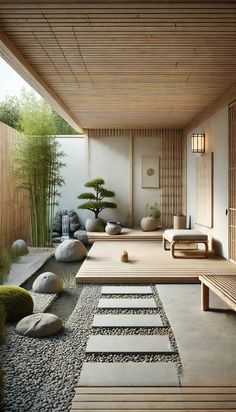 a japanese style garden with rocks and plants