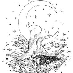 a black and white drawing of a woman sleeping on the moon with stars in the sky