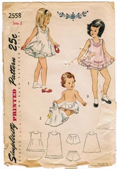 Photocopy of Simplicity 2558 a 1946 pattern CHILDRENS AND GIRLS SLIP AND PANTIES: The slip is cut in one with the shoulder straps. In Styles I and III, a ruffle trims the hemline. Style I is made with waistline gathers. The panties are made with a front waistline yoke. Lace and embroidery trims each style. Transfer for embroidery included. 7 pieces. Size 2 toddler breast 21 waist 20 PATTERN: On 8x11 photocopy paper. Just align and trace or cut out to use. INSTRUCTIONS: Copy Included Copy o... Panties Pattern, Slip Pattern, Toddler Patterns, Baby Clothes Patterns Sewing, Girls Clothes Patterns, Kids Clothes Patterns, Childrens Sewing Patterns, Vintage Toddler