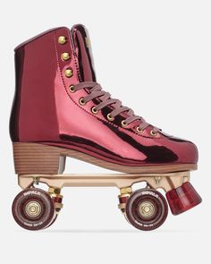 a shiny red roller skate with wheels