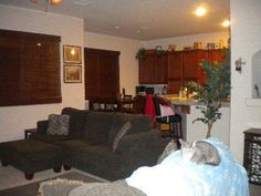 a living room filled with furniture and a cat laying on top of the couches