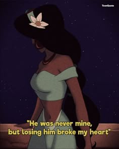 an animated image of a woman in a dress and hat with the caption he was never mine, but losing him broke my heart