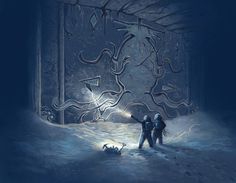 two people standing in front of a door that is surrounded by ice and snow, with the light shining on them