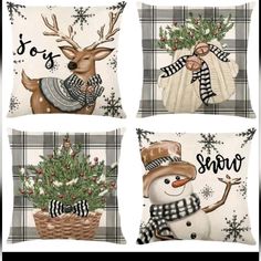 four pillows with snowman, deer and christmas decorations on them in plaid patterns are shown