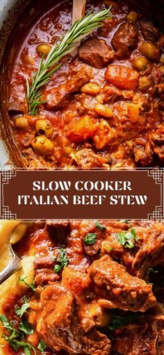 slow cooker italian beef stew in a pot with a wooden spoon and title overlay reads slow cooker italian beef stew