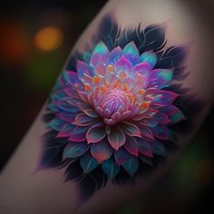 a colorful flower is on the arm of a woman's left arm and it looks like she has been painted