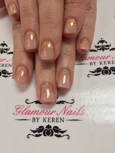 Rose Gold Shellac Nails, Gold Sparkle Nails Short, Glitter Nail Gel Polish, Fun Neutral Nails Sparkle, Pink Nails With Rose Gold Glitter, Magenta And Gold Nails, Rose Gold Wedding Nails For Bride, Gold Pedicure Ideas, Gold Manicure Ideas