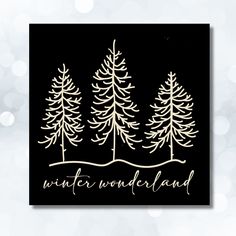 the winter wonderland logo is shown on a black background with white trees and snow flakes