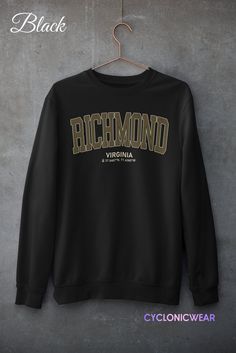 Richmond Virginia Unisex Crewneck Sweatshirt SIZING: Please see the picture in the slide show of the listing for a size chart with dimensions. FABRICATION: :.Gildan Unisex Heavy Blend™ Crewneck Sweatshirt .:50% pre-shrunk cotton, 50% polyester .:Loose fit .:Runs true to size PRODUCTION + SHIPPING: At Cyclonicwer our top priority after customer satisfaction is making high quality, durable, eco-friendly products. That is why every item is made and printed in the USA using the latest DTG print tech Varsity Sweater, College Sweatshirt, Gift Design, Pittsburgh Pennsylvania, Richmond Virginia, Pittsburgh Pa, Favorite Shirts, Sew-in Labels, Pittsburgh