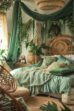 a bedroom with green bedding and hanging plants