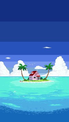 an island with two palm trees and a house on it