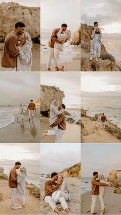 two people are hugging on the beach while another person is taking pictures with his cell phone