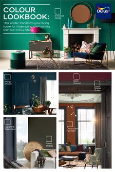 the color look book is open and showing different furniture in various rooms, including a fireplace