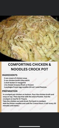 the instructions for cooking chicken and noodles crock pot