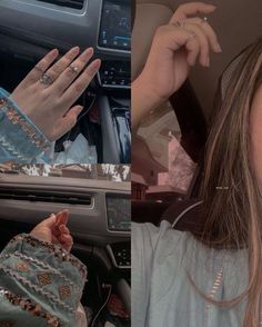 two pictures one is showing the inside of a car and the other shows a woman's hand on her head