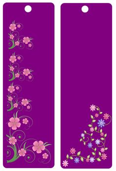 two purple bookmarks with flowers on them