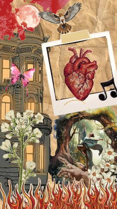 an artistic collage with images of heart, house and flowers in the fire scene