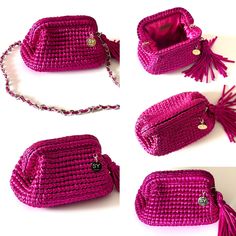 four different views of a pink purse with tassels