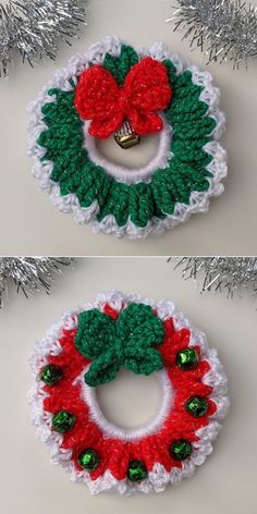 crocheted christmas wreath ornament with bells on top and green, red and white trim