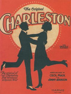 the original charleston poster is shown in orange and black, with an image of two people dancing