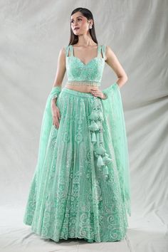 Green attached cancan lehenga with bead, sequin, cutdana, zari thread embroidery in stripe pattern. Paired with sleeveless embroidered padded blouse. Comes with dupatta. - Aza Fashions Cancan Lehenga, Lehenga Pattern, Net Embroidery, Padded Blouse, Embroidered Lehenga, Hem Blouse, Anarkali Suits, Thread Embroidery, Half Saree