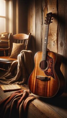 an acoustic guitar sitting on top of a wooden floor next to a chair and blanket