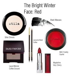 "The Bright Winter Face: Red" by catelinden ❤ liked on Polyvore featuring beauty, Stila, Laura Mercier, CO, LancÃ´me, Maybelline, Hourglass Cosmetics and modern Nails Almond Christmas, Winter Skin Tone, Deep Winter Colors, Hourglass Cosmetics, Winter Face, Winter Color Palette, Winter Typ