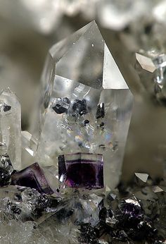 Quartz with Wolframite inclusions and Fluorite