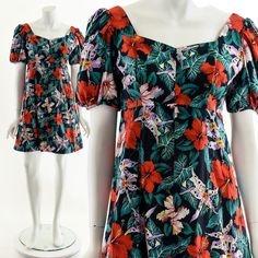 "- 60s/70s baby doll mini dress with dramatic puffy short sleeves - puffy almost sculptural short sleeves - sweetheart neckline - hibiscus floral print Fits like: S - M Material: Cotton Condition: Excellent Clipped on Mannequin: No ✂ S I Z E + F I T ✂ Length: 35\" / 89 cm Shoulders, seam to seam: 16\" / 41 cm Sleeve Length: 12\" / 30 cm Bust: 36\" / 91 cm Waist: 32\" / 81 cm Hips: 42\" / 107 cm All measurements are taken with garment lying flat. ALWAYS refer to measurements as vintage sizes run Luau Party Dress, Hibiscus Dress, Dress Form Mannequin, Tiki Party, Floral Baby, Novelty Print, Babydoll Dress, Dress Clothes For Women, Baby Doll