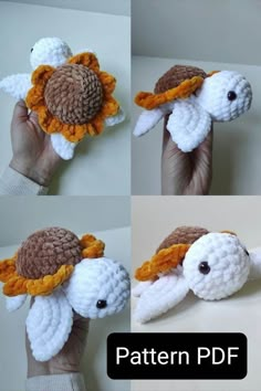 crocheted stuffed animal made to look like a turtle with an orange flower on its head