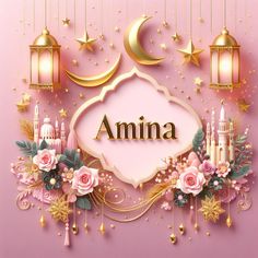 a pink background with gold stars, flowers and a crescent shaped frame that says anna