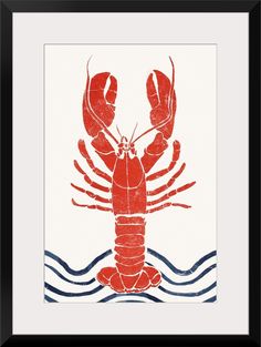 a red lobster in the water on white paper with blue waves and black framed frame