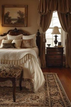 a bedroom with a large bed and two lamps on either side of the window sill