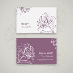 two business cards with flowers on them, one is purple and the other is white