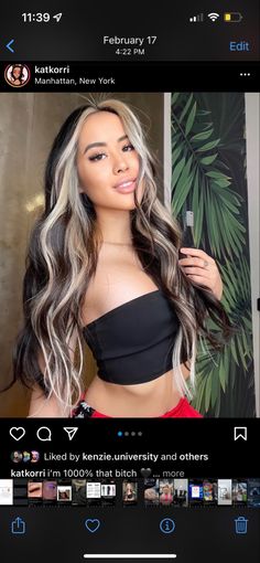 Blonde Streak Highlights On Dark Hair, Blonde Peekaboos On Dark Hair With Money Piece, Blond In Front Brown In Back, Dark Edgy Hair Color Ideas, Long Black Hair With Money Piece, Blond Hair Black Money Piece, High Contrast Hair Highlights, Fun Black Hair, Reverse Halo Hair Color