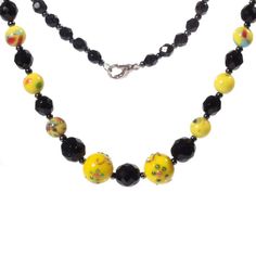 Vintage necklace Czech black faceted, lampwork yellow marble floral overlay wedding cake glass beads Yellow Faceted Beads Round Jewelry, Adjustable Faceted Czech Glass Necklace, Yellow Round Faceted Beads Jewelry, Yellow Czech Glass Jewelry With Faceted Beads, Yellow Czech Glass Beaded Necklaces For Jewelry Making, Yellow Faceted Beads Round Necklace, Yellow Faceted Beads Beaded Necklace, Yellow Faceted Beaded Necklaces, Yellow Faceted Beads Necklace