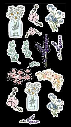 stickers with flowers and plants in them on a black background for scrapbooking