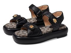 COACH Peyton Leather Sandal - Women's Shoes : Black : Please Note: COACH items cannot be shipped to military addresses (APO or FPO) and addresses in Hawaii, the Virgin Islands, Guam or any other locations outside of the continental US. Let your feet breath in style and comfort wearing the COACH Peyton Leather Sandal. Leather upper. Man-made leather lining. Signature jacquard footbed. Signature turnlocks closure for a heritage touch. Two-strap style. Open round toe. Rubber outsole. Imported. Luxury Coach Formal Loafers, Coach Georgie Sandal, Luxury Coach Loafers For Formal Events, Dad Sandals, Coach Sandals, The Virgin Islands, Random Fashion, Black Shoes Women, Leather Sandals Women