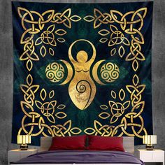 a bed with a gold and green wall hanging over it