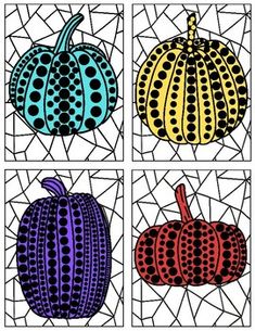 four different colored pumpkins on a white background