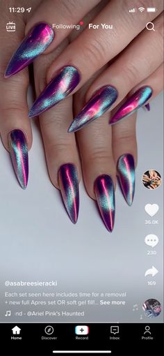 Goth Almond Nails, Cat Eye Halloween Nails, Trippy Nails, Art Inventory, Metallic Nails Design, Nail Therapy, Funky Fingers, Polished Nails, Sharp Nails