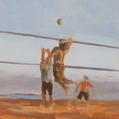 two men playing volleyball on the beach with one jumping up to hit the ball in the air