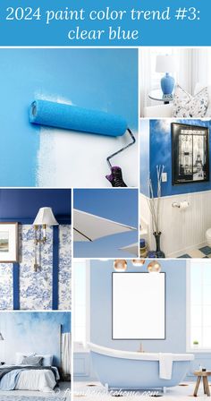 a collage of blue and white images with text that reads, paint color trend 3 clear blue